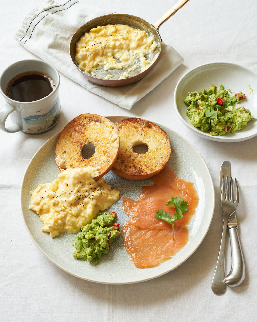 Smoked Salmon Bagels, Eggs and Smashed Avo Breakfast